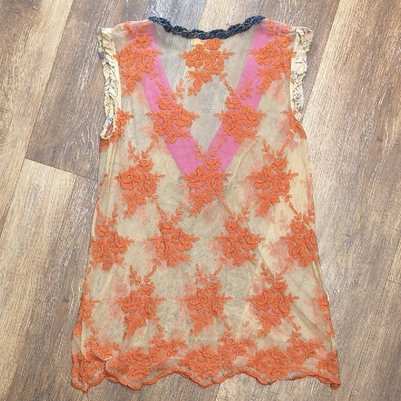 Free People Vintage Orange Lace Blouse with Multicolor Embellishments - Picture 4 of 4
